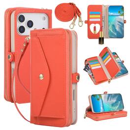Dteck - Leather Wallet Phone Case for Apple iPhone 17 Pro Max with Crossbody Strap, Shockproof Zipper Pocket Mirror Stand Cover - Orange