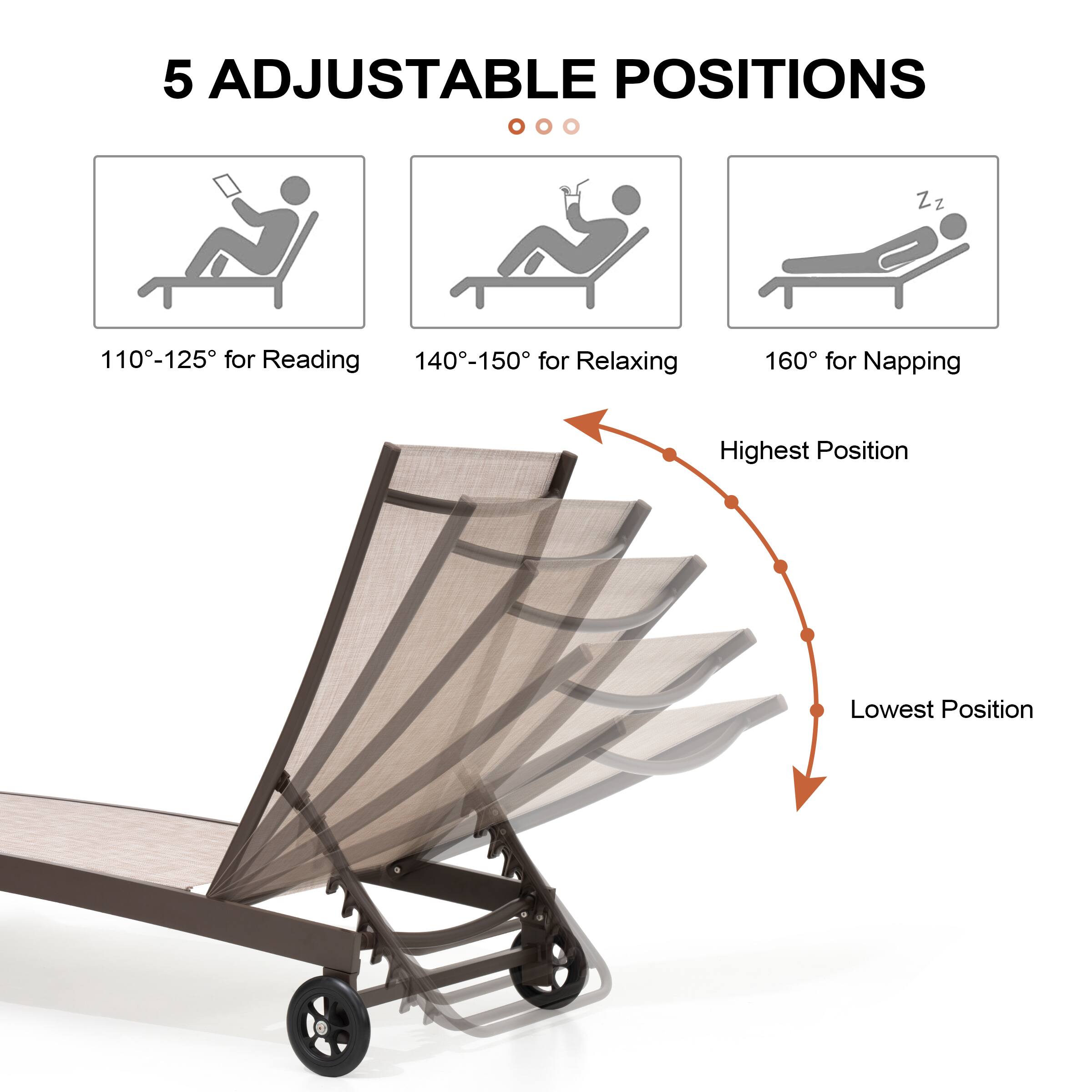 5 ADJUSTABLE POSITIONS

110°-125° for Reading  
140°-150° for Relaxing  
160° for Napping  

Highest Position  
Lowest Position