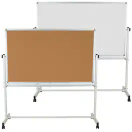 Emma + Oliver - Reversible Mobile Cork Bulletin Board and White Board Stand with Pen Tray - Natural/White