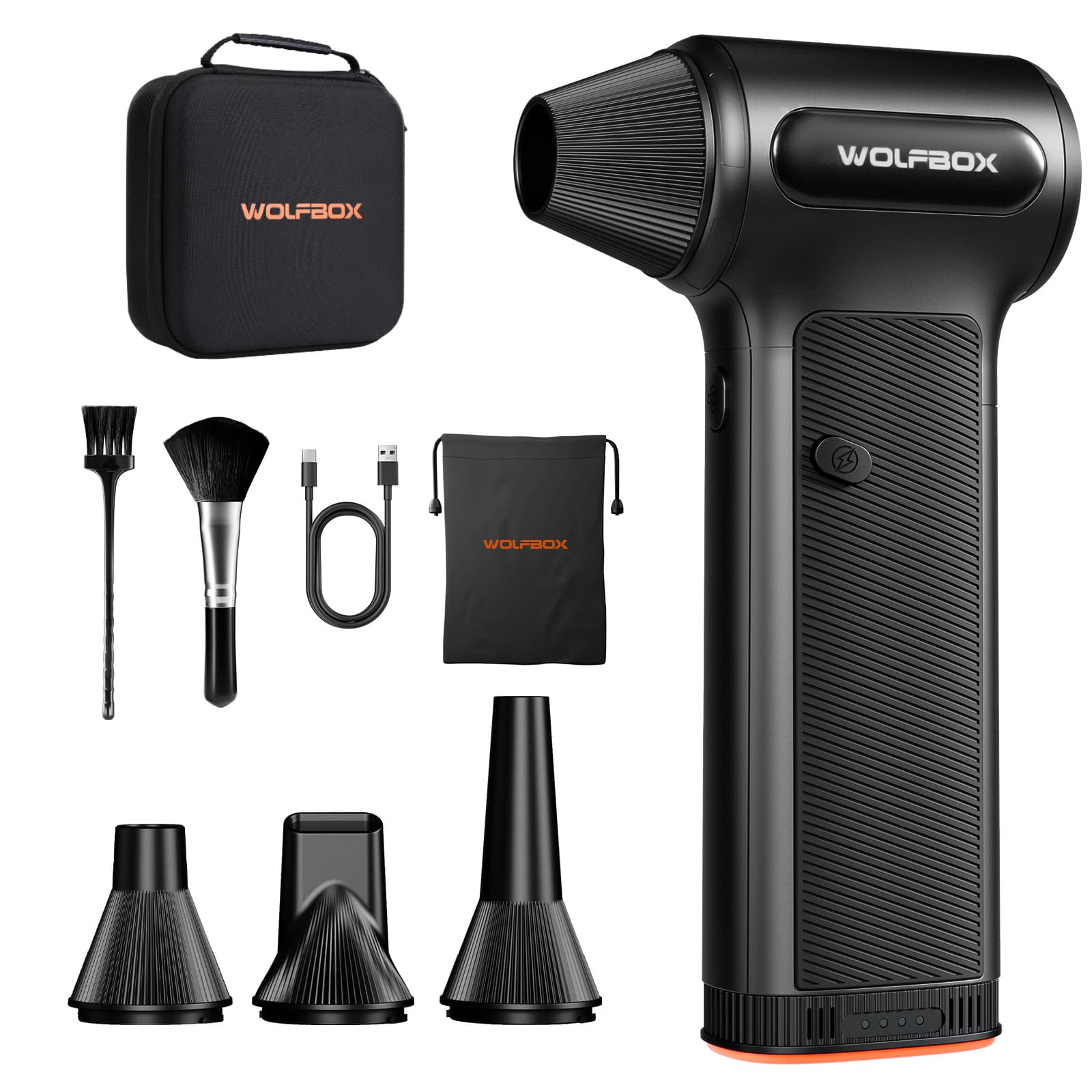 WOLFBOX - Electric Air Duster with Removable Battery, Cordless Compressed Air Duster, Multi-Nozzle Cleaner with hand carrying case - Black