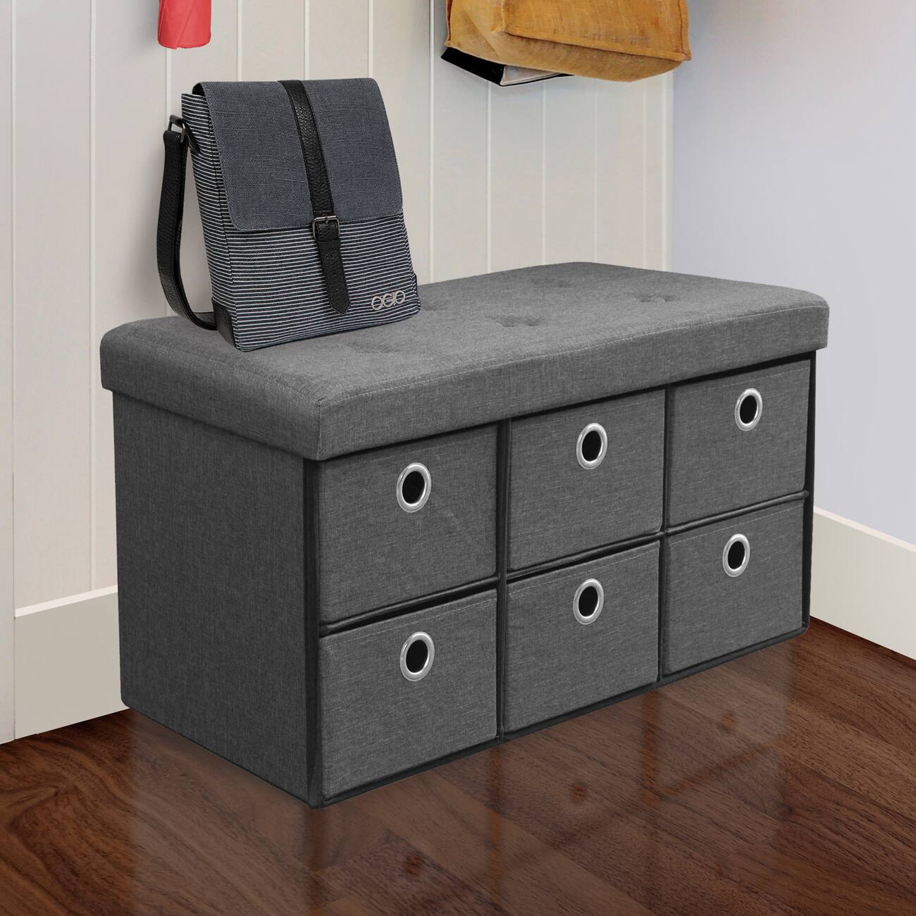 Left. Sorbus - Sorbus Collapsible Storage Bench Chest with Drawers -  Entryway, Bedroom Bench, Cubby Drawer Footstool - Gray.