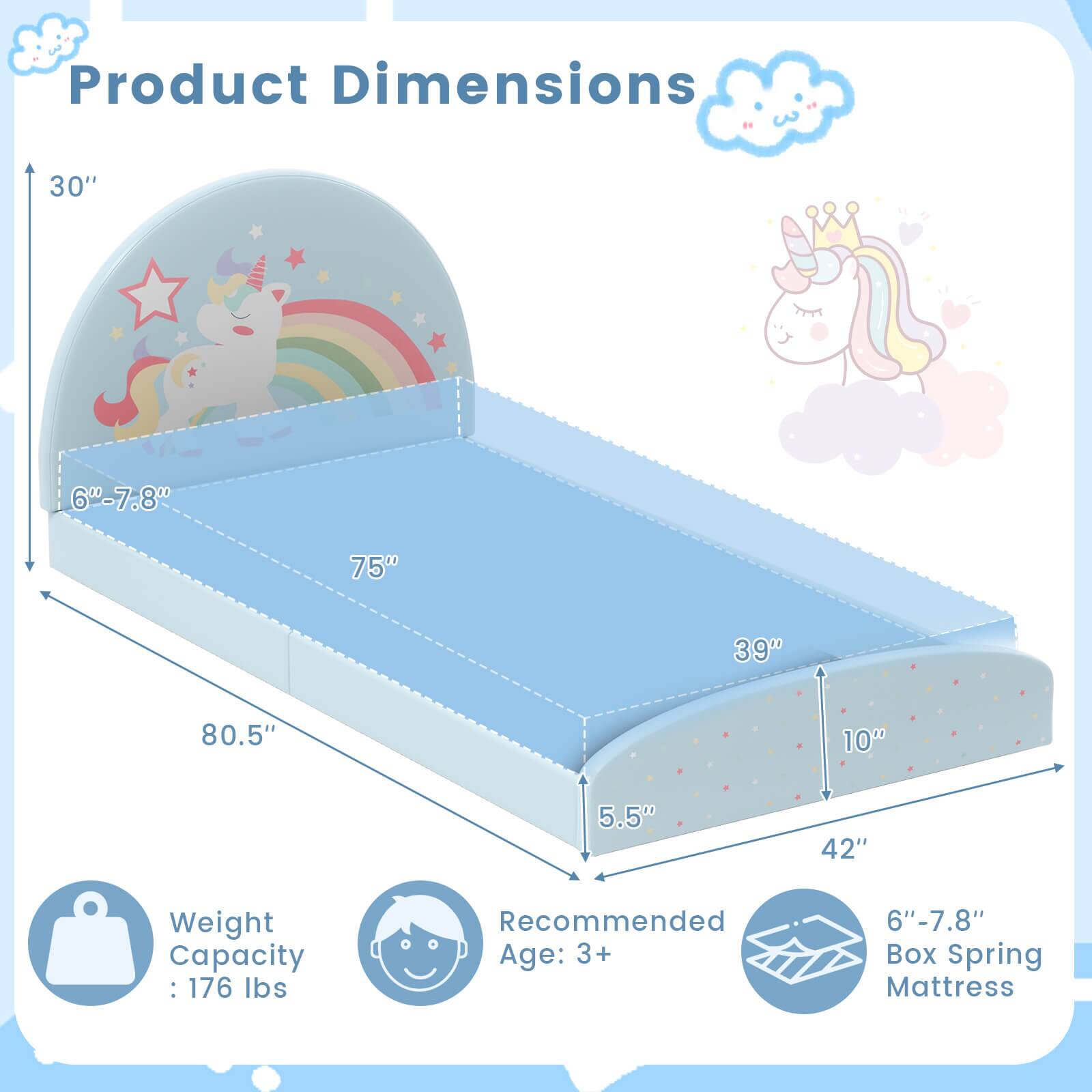 Product Dimensions  
30" x 80.5" x 75"  
6"-7.8"  
5.5"  
39" x 10" x 42"  

Weight Capacity: 176 lbs  
Recommended Age: 3+  
6"-7.8" Box Spring Mattress