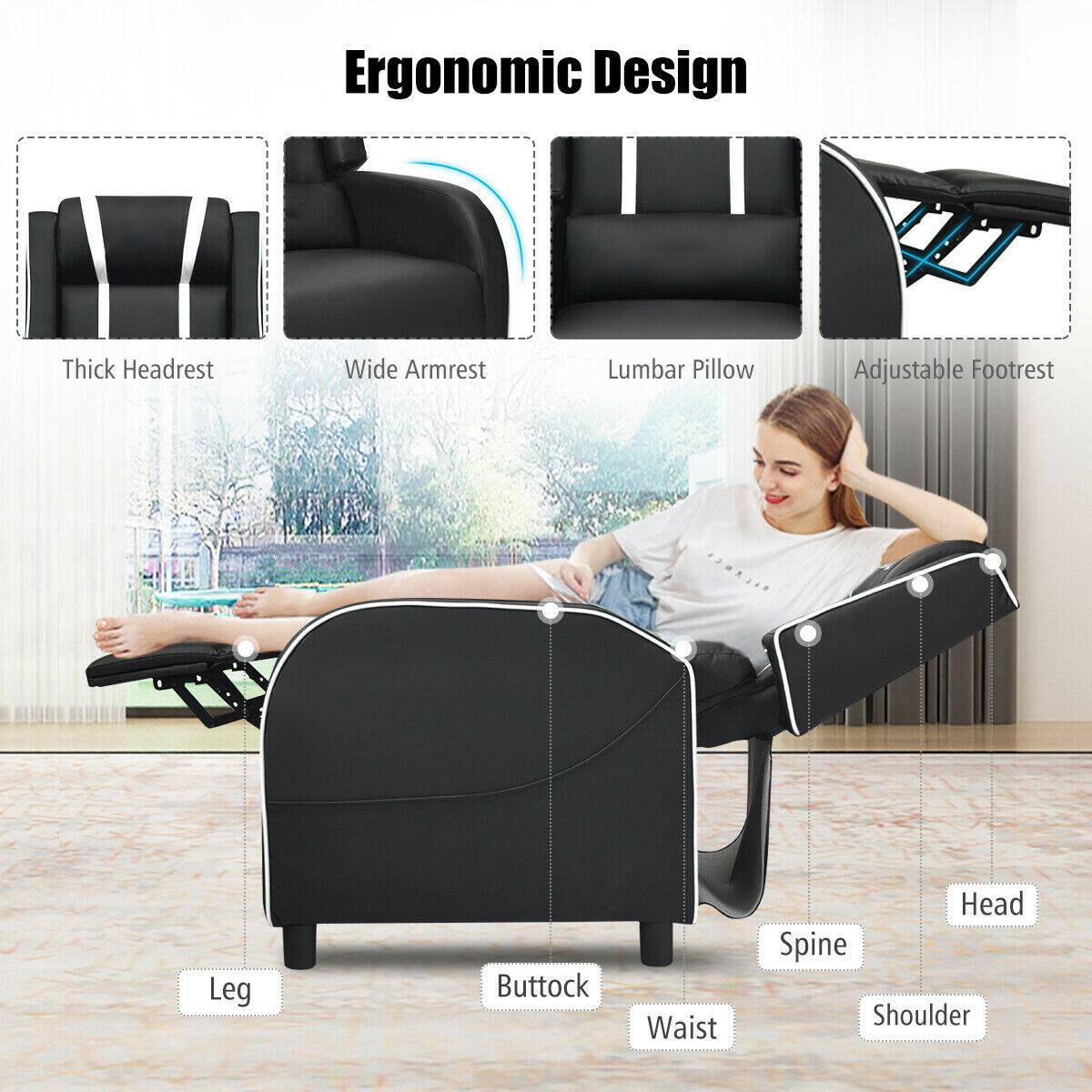 Ergonomic Design

- Thick Headrest
- Wide Armrest
- Lumbar Pillow
- Adjustable Footrest

- Leg
- Buttock
- Waist
- Spine
- Shoulder
- Head