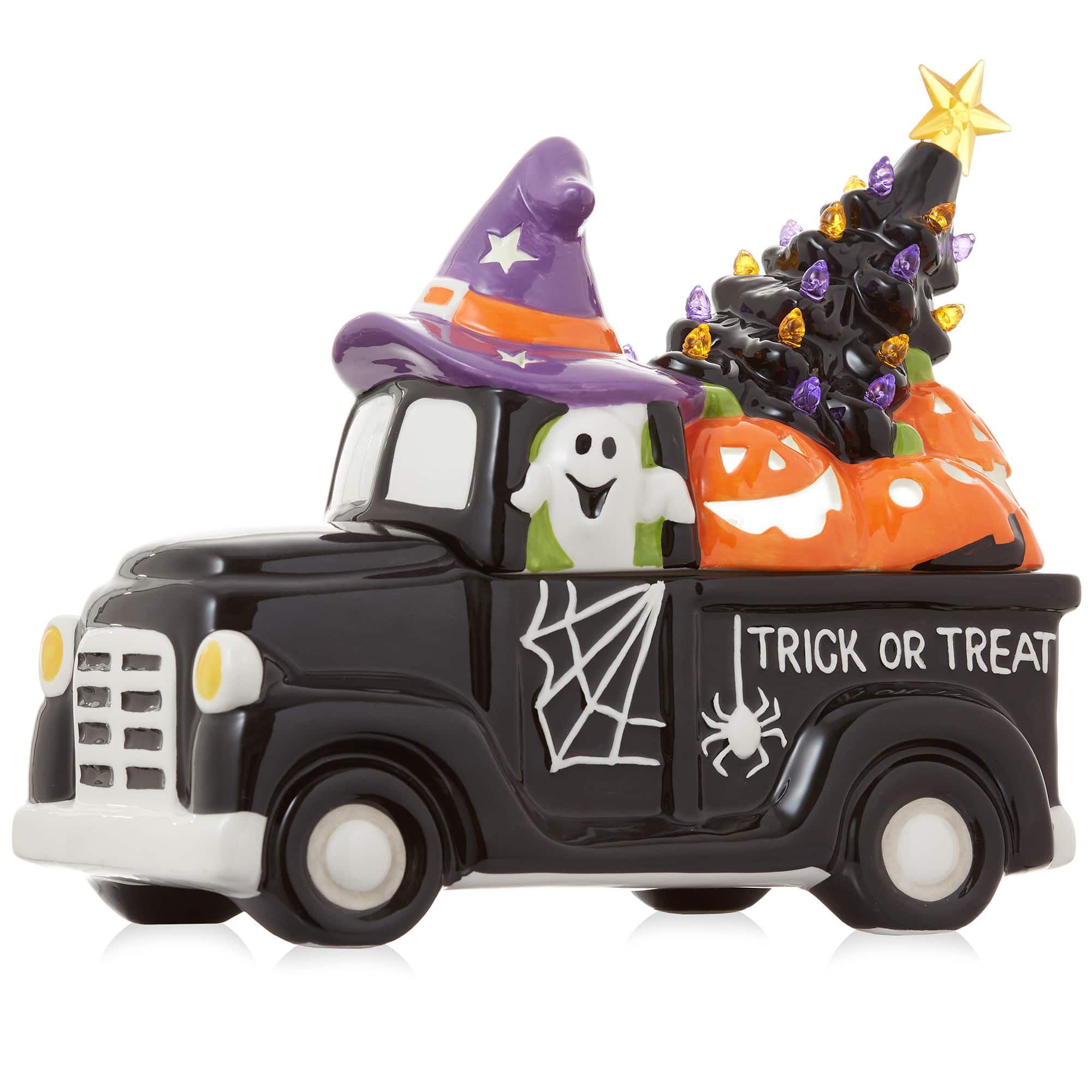 Casafield - Pre-Lit Ceramic Halloween Hand-Painted Tabletop Indoor Home Decor - Black Truck