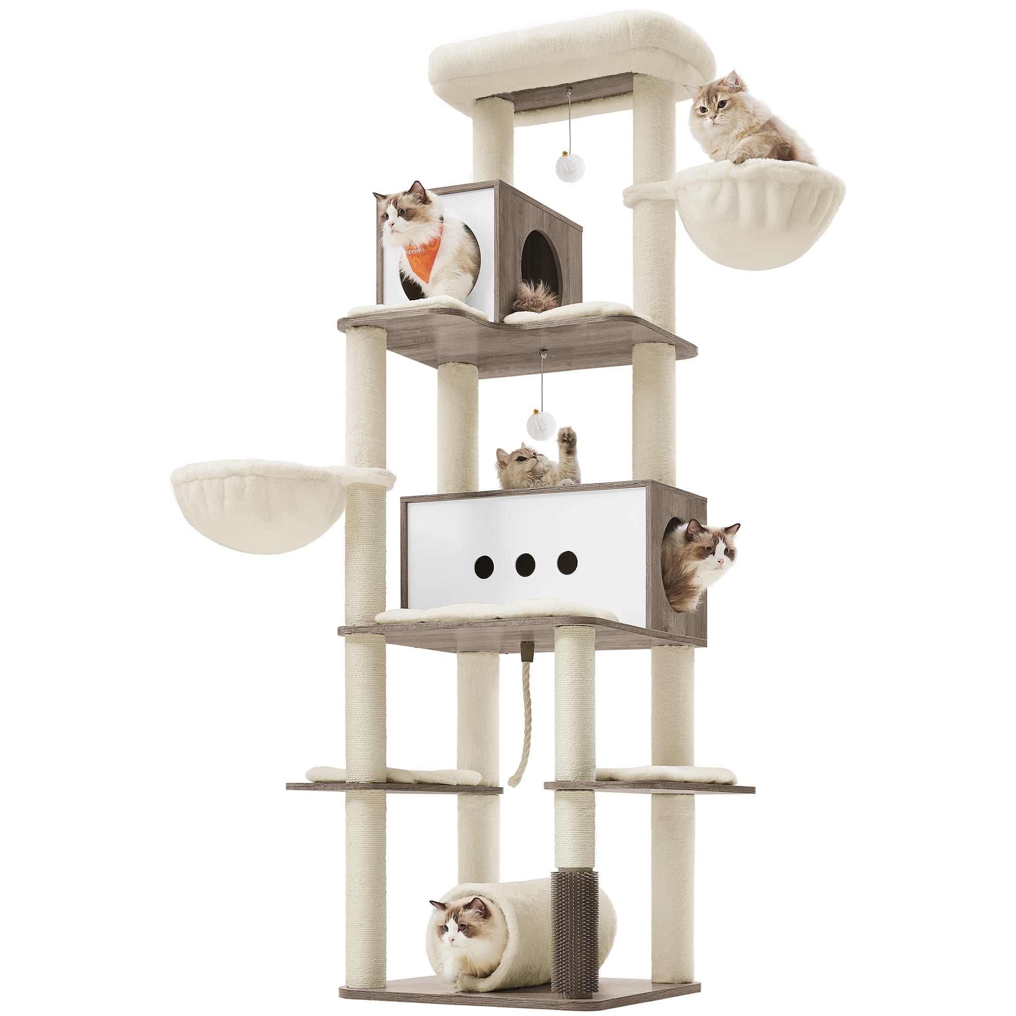 Songmics Home - Cat Tree, 75.6-Inch Modern Cat Tower, Tall Multi-Level Condo with 2 Caves, 2 Hammocks, 4 Scratching Posts, Self-Groomer - Heather Greige