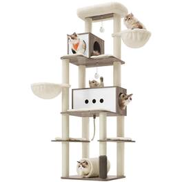 Songmics Home - Cat Tree, 75.6-Inch Modern Cat Tower, Tall Multi-Level Condo with 2 Caves, 2 Hammocks, 4 Scratching Posts, Self-Groomer - Heather Greige