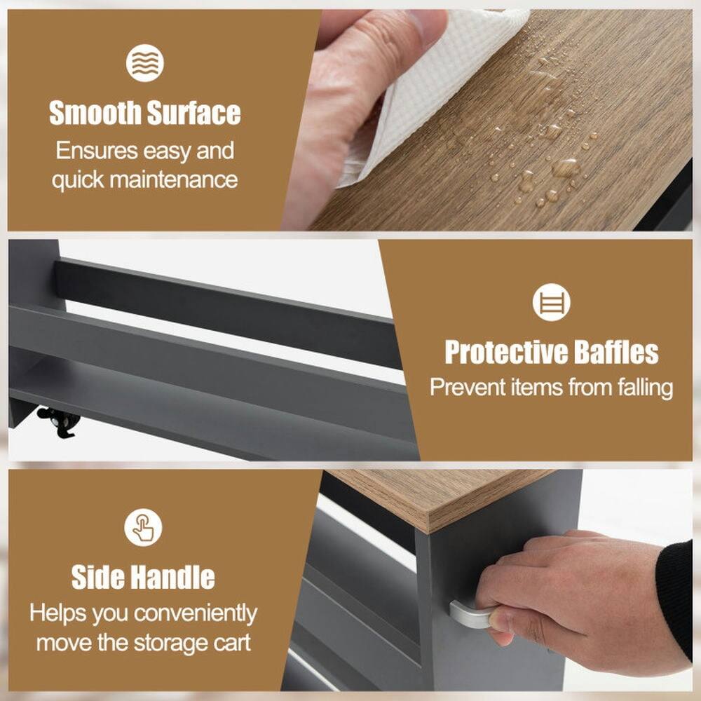 Smooth Surface  
Ensures easy and quick maintenance  

Protective Baffles  
Prevent items from falling  

Side Handle  
Helps you conveniently move the storage cart