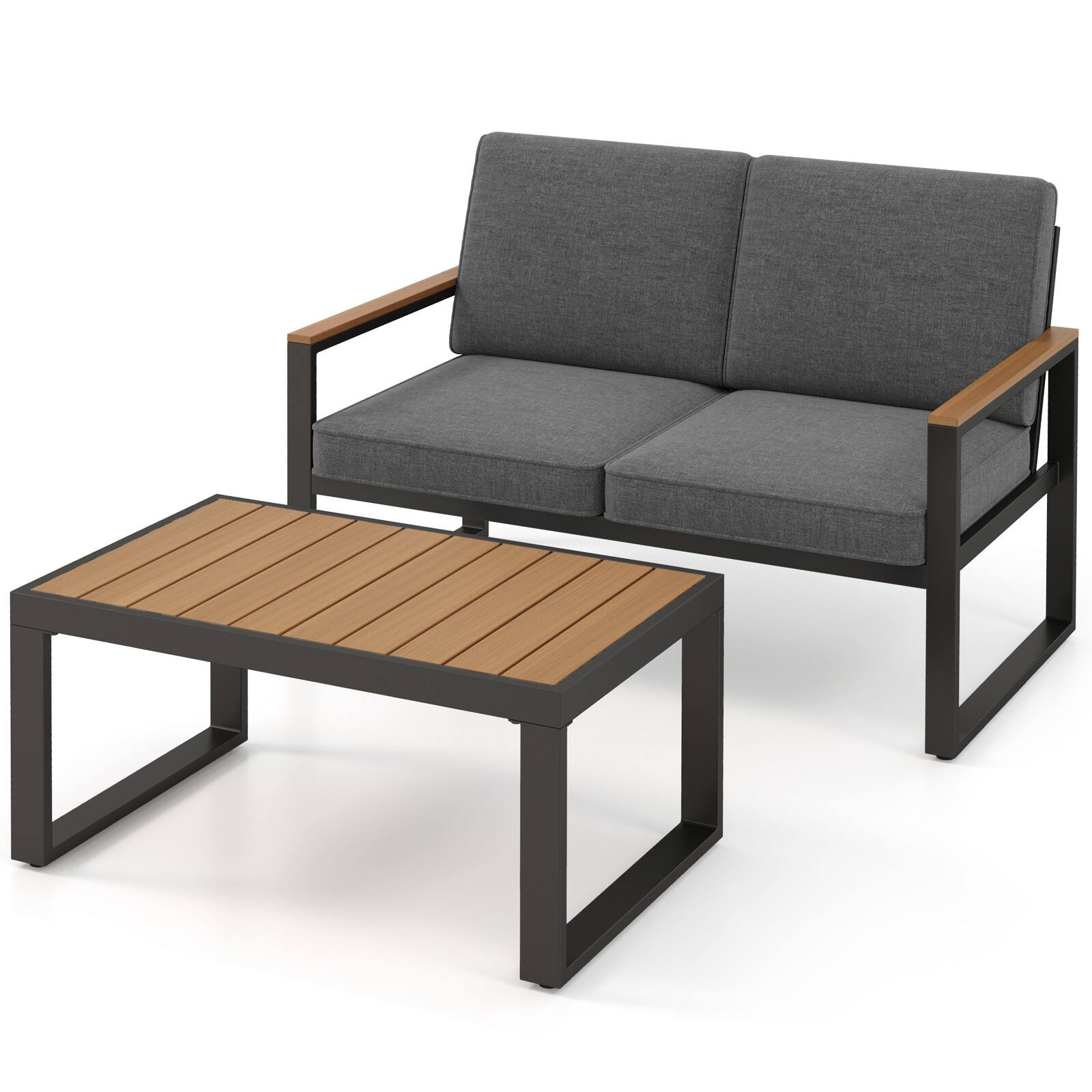 Gymax - 2 PCS Patio Aluminum Furniture Set Cushioned Sectional Sofa w/ Coffee Table - Gray