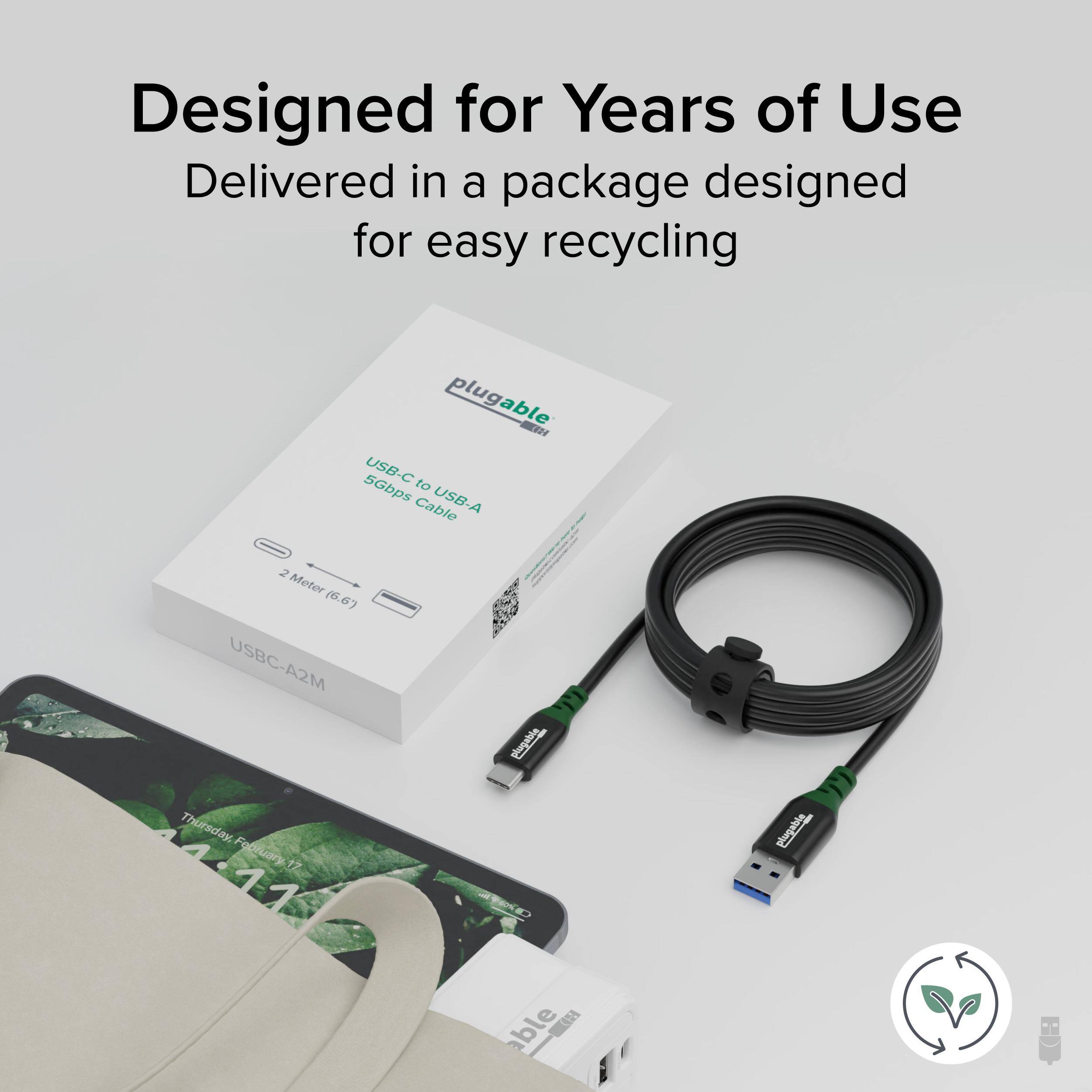 Designed for Years of Use  
Delivered in a package designed for easy recycling  

plugable -N USB-C to 5Gbps USB-A Cable 2 Meter (6.6) USBC-A2M  

Thursday, February 11