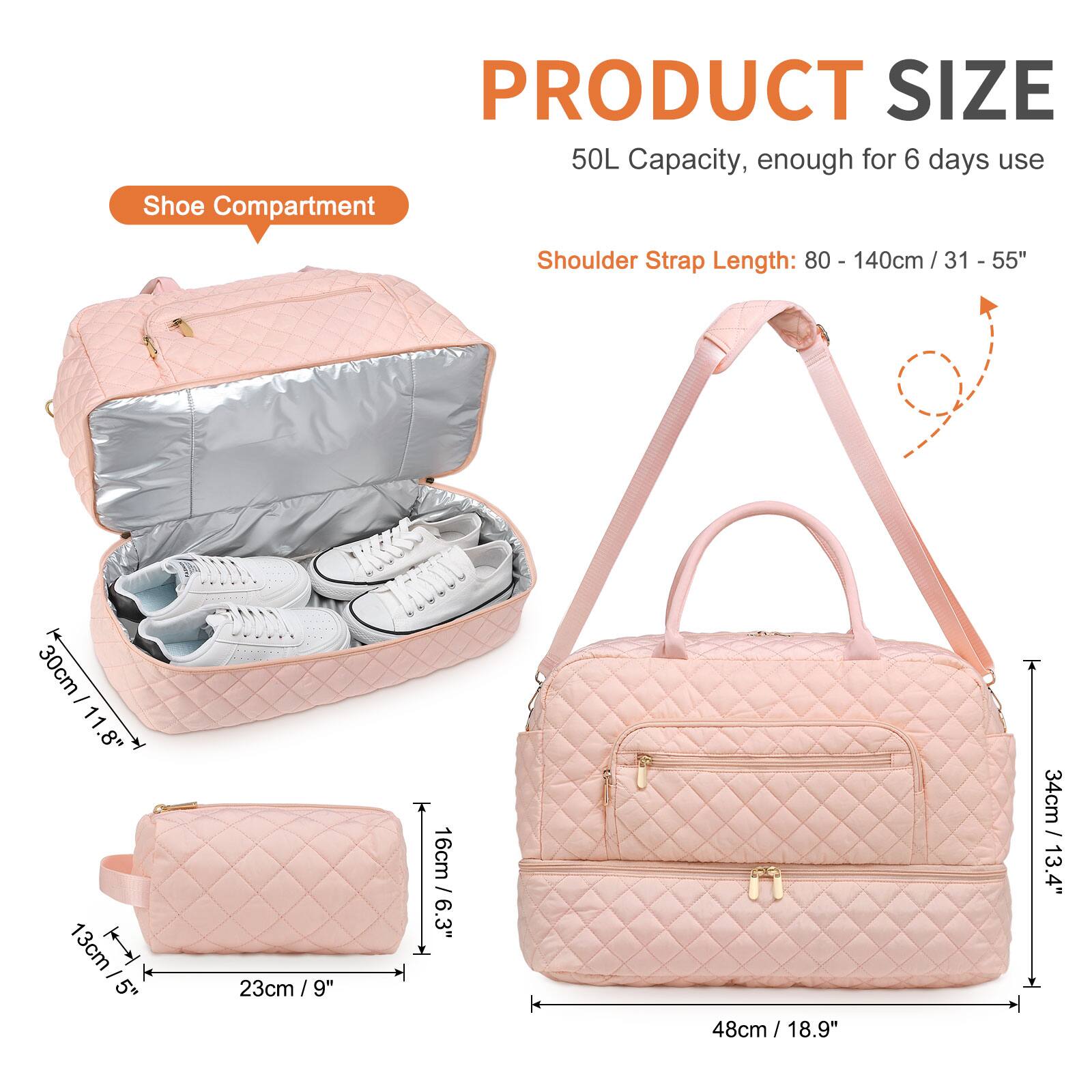 PRODUCT SIZE  
50L Capacity, enough for 6 days use  

Shoe Compartment  
Shoulder Strap Length: 80 - 140cm / 31 - 55"  

30cm / 11.8"  
13cm / 5"  
23cm / 9"  
16cm / 6.3"  
48cm / 18.9"  
34cm / 13.4"  
23cm / 9"