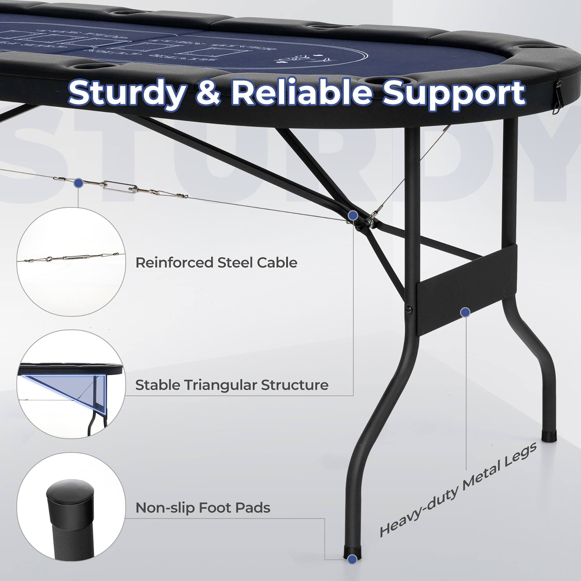 Sturdy & Reliable Support

- Reinforced Steel Cable
- Stable Triangular Structure
- Non-slip Foot Pads
- Heavy-duty Metal Legs
