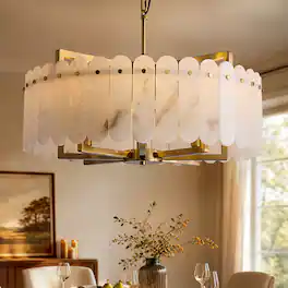Siljoy - 24 Inch Luxury Alabaster Drum Chandelier Brushed Gold Circular Pendant Light for Living Room Dining Room Bedroom - Brass