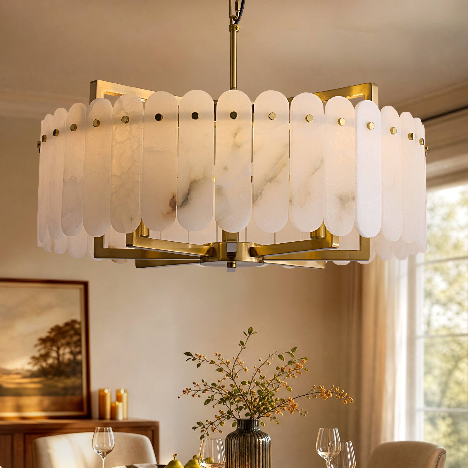 Siljoy - 24 Inch Luxury Alabaster Drum Chandelier Brushed Gold Circular Pendant Light for Living Room Dining Room Bedroom - Brass