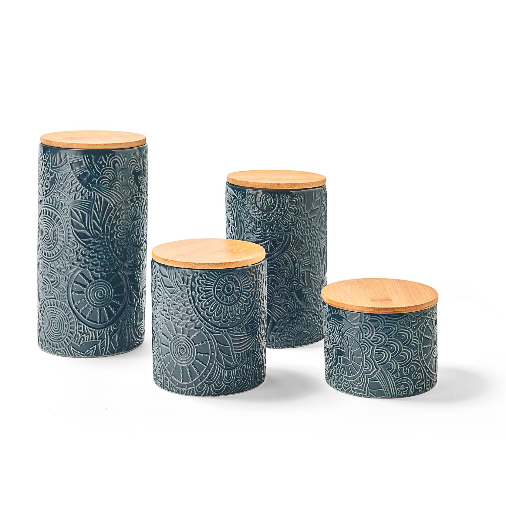 Front. American Atelier - Embossed Blue 4-Piece Kitchen Canister Set.
