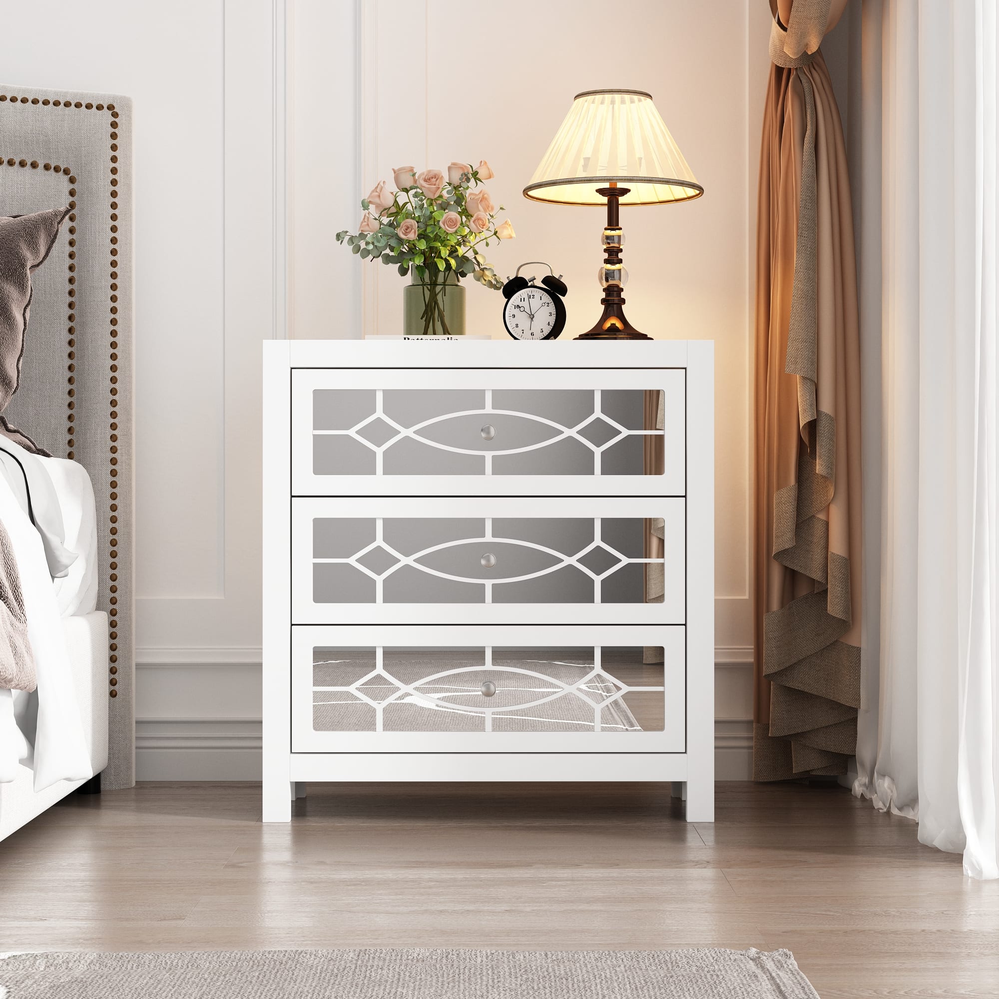 Famapy - 3 - Drawer Mirrored Nightstand: Glam Bedroom Storage & Decor - White