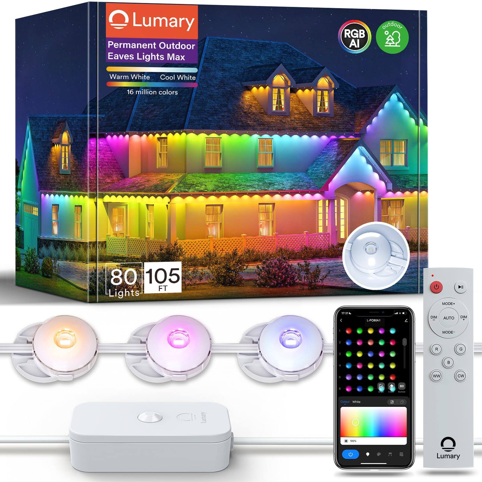 Lumary Permanent Outdoor Eaves Lights Max RGB AI outdoor Warm White Cool White 16 million colors 80 105 FT Lights