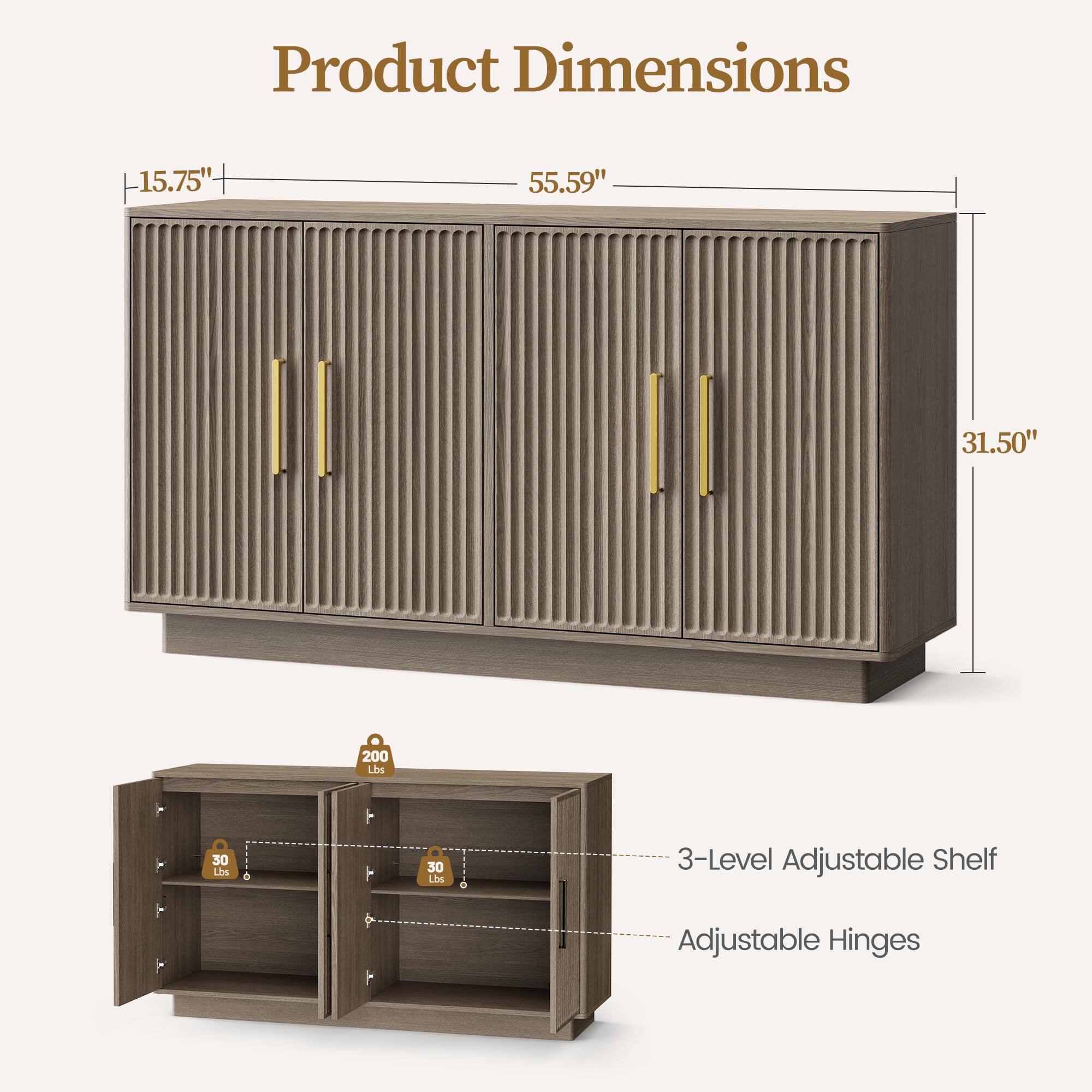 Product Dimensions: 15.75" x 55.59" x 31.50"  
Weight Capacity: 200 Lbs  
Shelves: 3-Level Adjustable Shelf  
Hinges: Adjustable Hinges