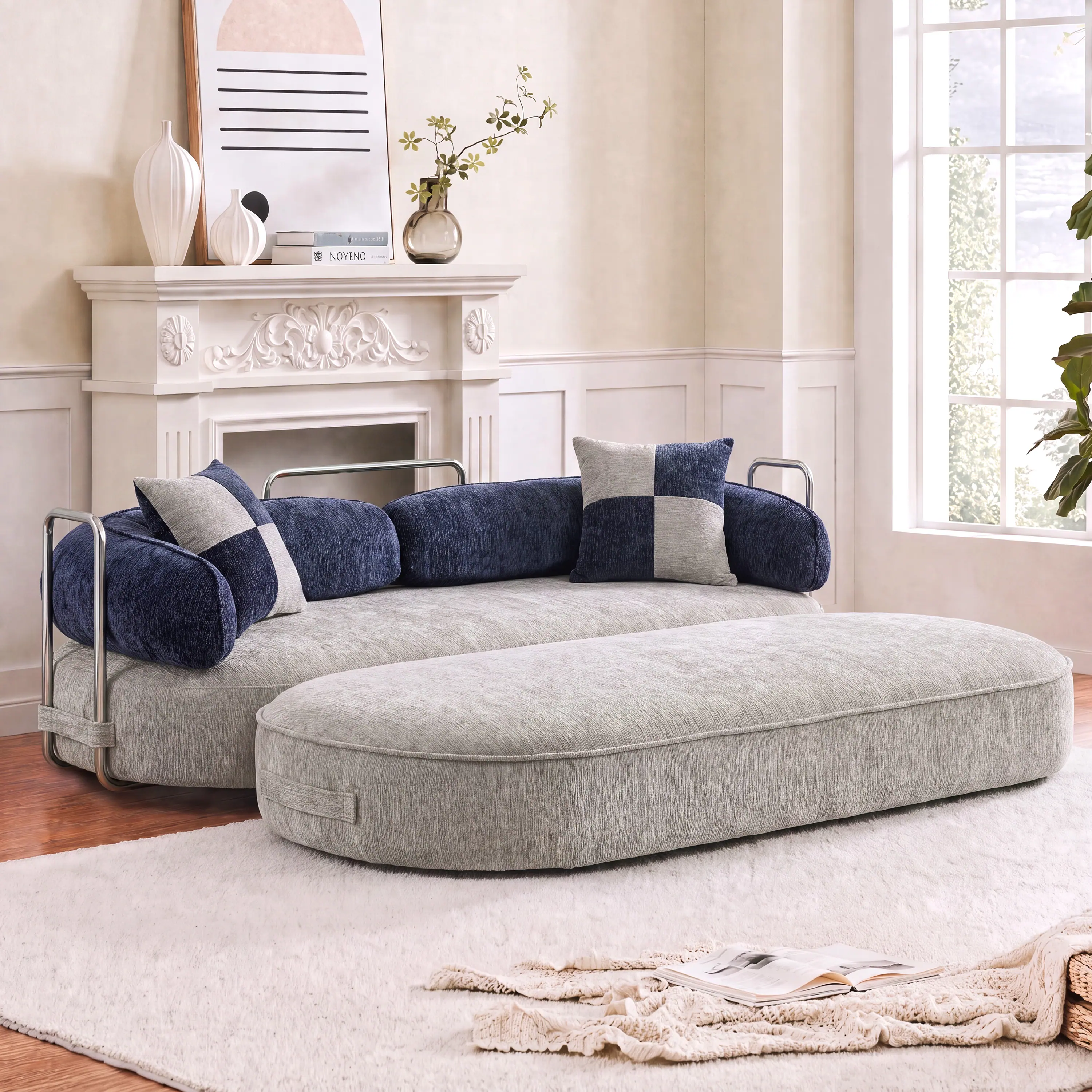 Left. Vipbear - Curved Loveseat with 4 Pillows, Modern Boneless Couch, Convertible Sleeper Sofa Bed - gray/blue.