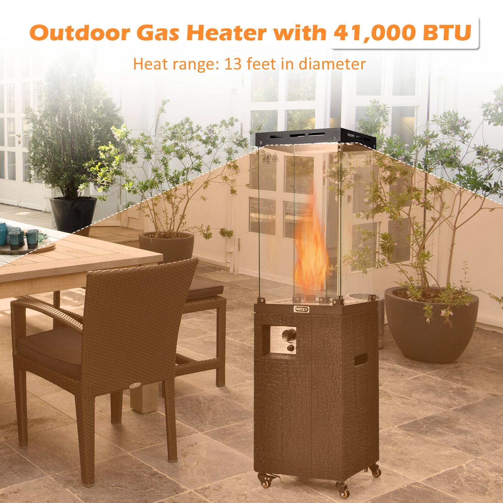Outdoor Gas Heater with 41,000 BTU  
Heat range: 13 feet in diameter