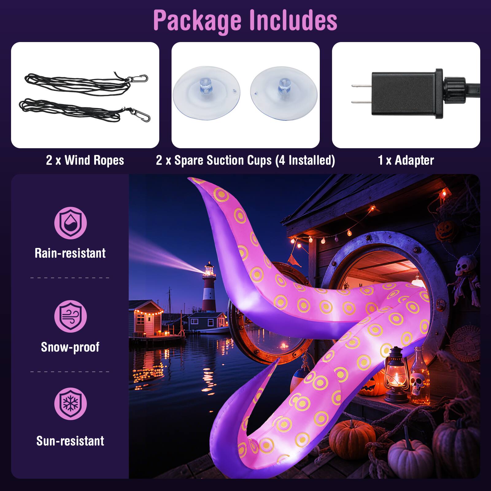 Package Includes

2 x Wind Ropes  
2 x Spare Suction Cups (4 Installed)  
1 x Adapter  

Rain-resistant  
Snow-proof  
Sun-resistant