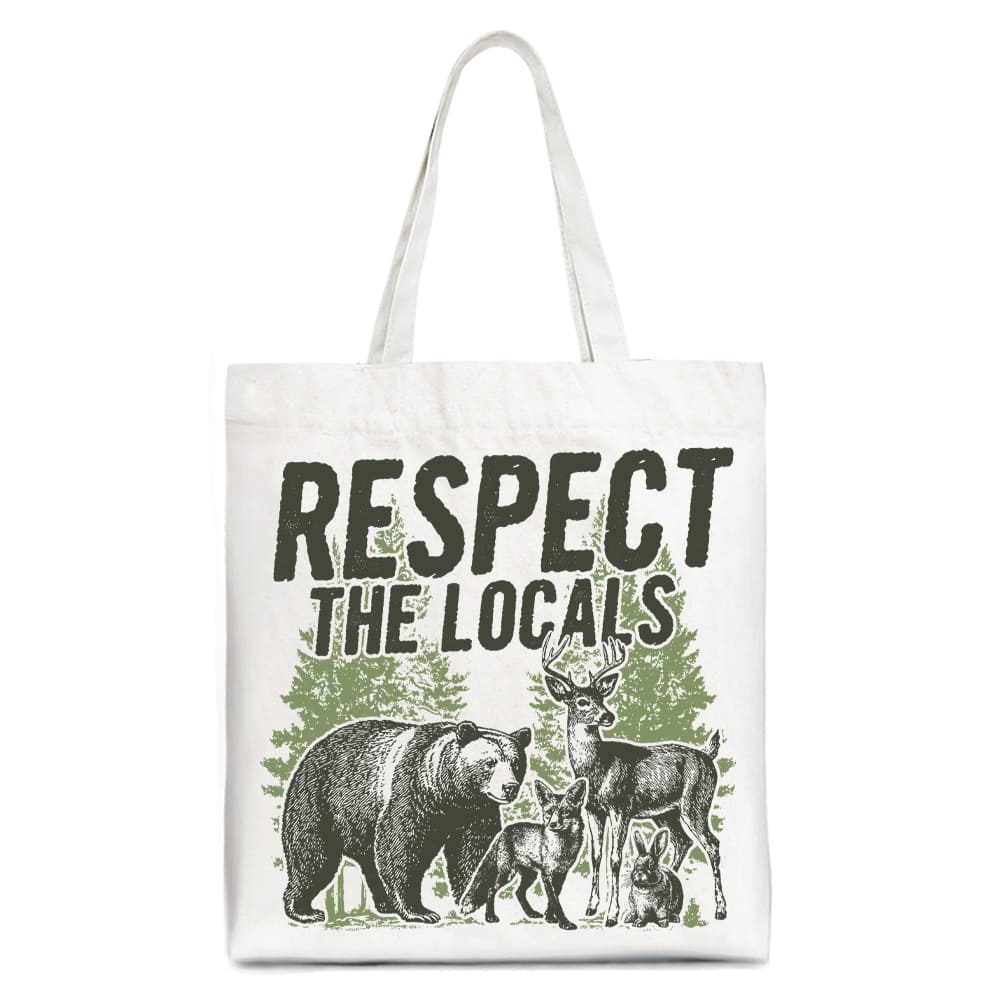 OrnamentallyYou - Respect the Locals Wild Animal Canvas Tote Bag, Vintage Camping Nature Gift Shopper - White