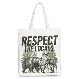 OrnamentallyYou - Respect the Locals Wild Animal Canvas Tote Bag, Vintage Camping Nature Gift Shopper - White