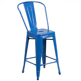 Emma + Oliver - Commercial Grade 24"H Colorful Metal Indoor-Outdoor Counter Stool with Back - Blue