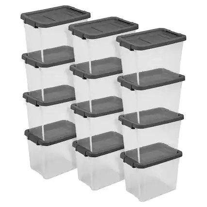 Front. Sterilite - Sterilite 30 Qt Clear Plastic Stackable Storage Bin w/ Grey Latch Lid, 12 Pack - Clear.