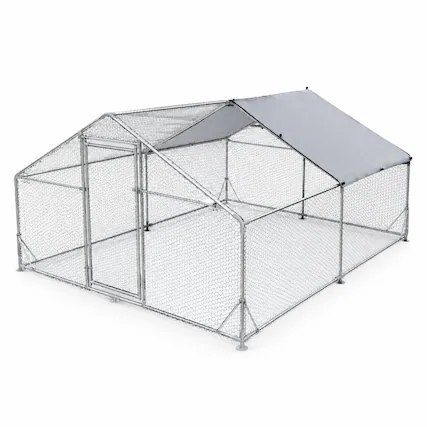 Front. RYHNUYNE - Walk-In Chicken Coop, 13.1 ft x 9.8 ft Metal Poultry Cage, Spire Roof, Waterproof UV Cover, Lockable Door.