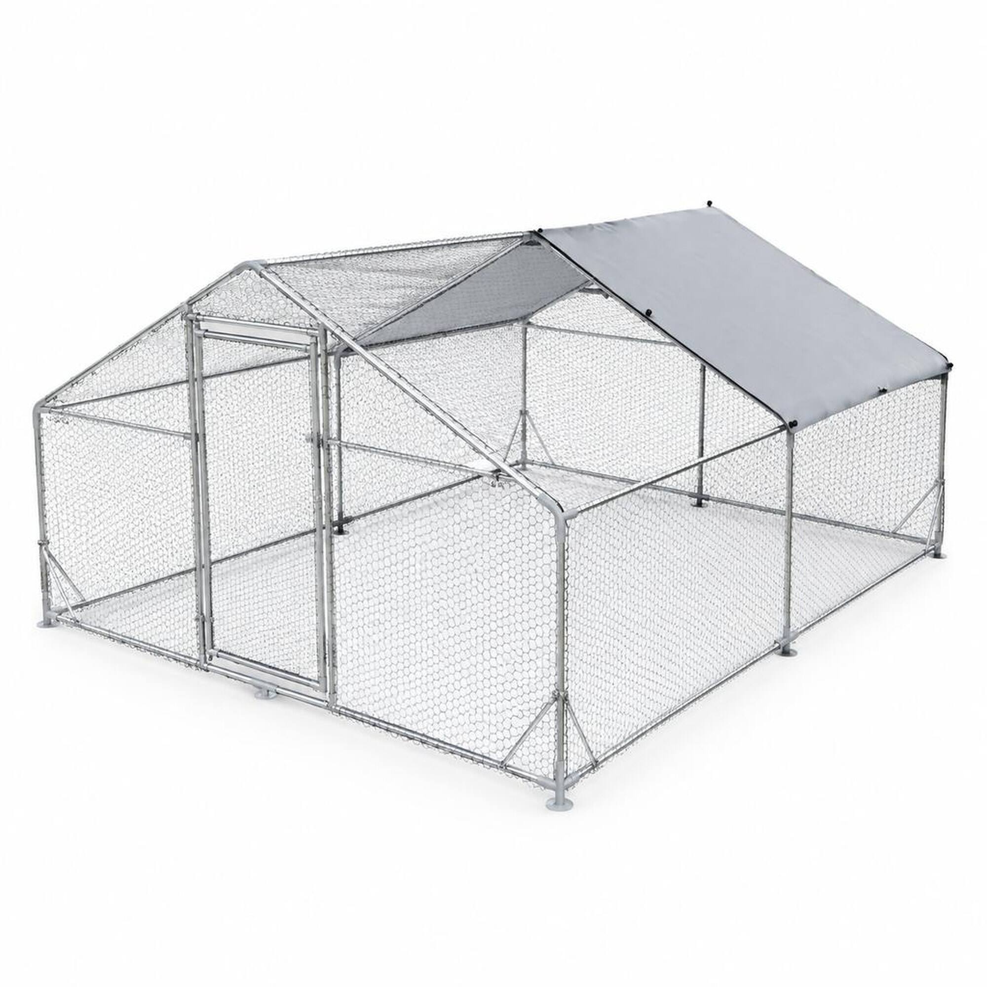 Front. RYHNUYNE - Walk-In Chicken Coop, 13.1 ft x 9.8 ft Metal Poultry Cage, Spire Roof, Waterproof UV Cover, Lockable Door.