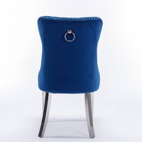 Left. LUCKY ONE - Assembled Tufted Velvet Dining Chair Set of 2 with Chrome Stainless Steel Legs Nailhead Trim - Blue.