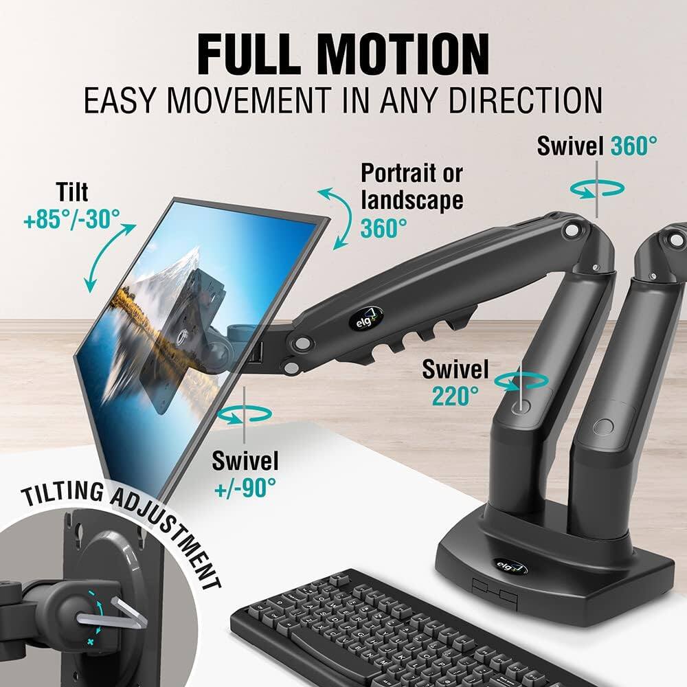 FULL MOTION  
EASY MOVEMENT IN ANY DIRECTION  

- Tilt +85°/-30°  
- Swivel 360°  
- Swivel 220°  
- Swivel +/-90°  
- Portrait or landscape 360°  
- TILTING ADJUSTMENT