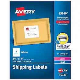 Avery - Sure Feed Laser/Inkjet Shipping Labels, 3-1/3" x 4", 1,500 Labels/Box - White