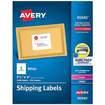 AVERY 95940
Free Easy-to-Use Avery Templates
avery.com/templates
LY 10 SURE FEED TECHNOLOGY
DESIGNED FOR FEED
White
Jam & Smudge Free GUARANTEED
3 1/3" x 4"
(Actual size not shown)
1500 labels - 250 sheets
Shipping Labels
Laser Inkjet
AVERY 95940