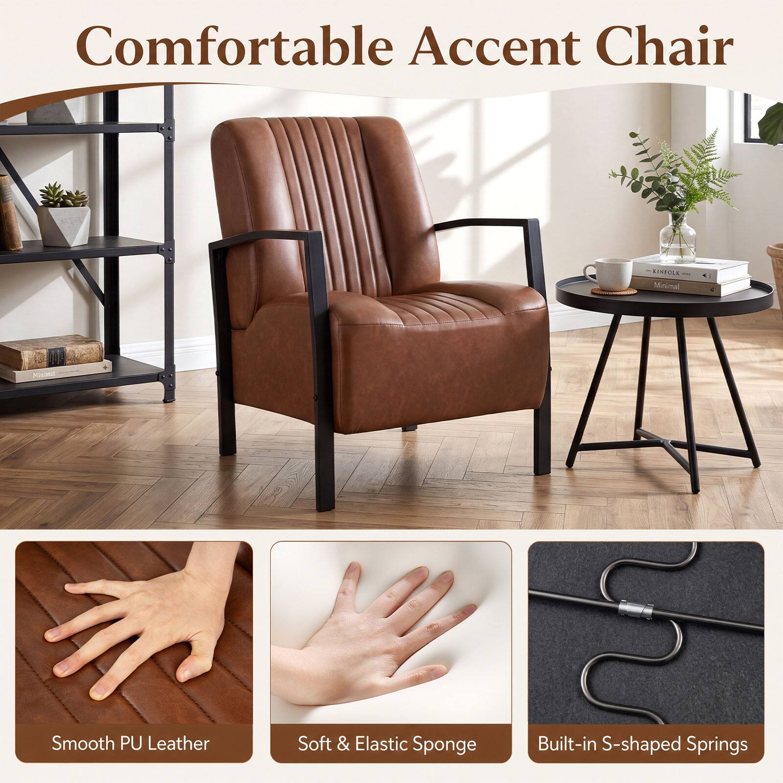 Comfortable Accent Chair KINFOLE Minimal 17 MISMII Smooth PU Leather Soft & Elastic Sponge Built-in S-shaped Springs