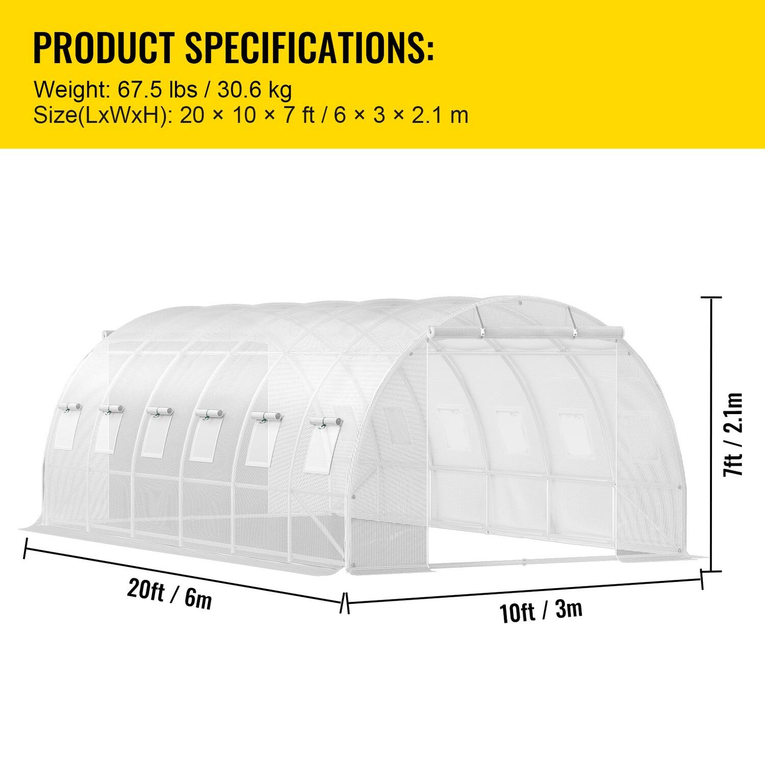 PRODUCT SPECIFICATIONS:  
Weight: 67.5 lbs / 30.6 kg  
Size (LxWxH): 20 x 10 x 7 ft / 6 x 3 x 2.1 m