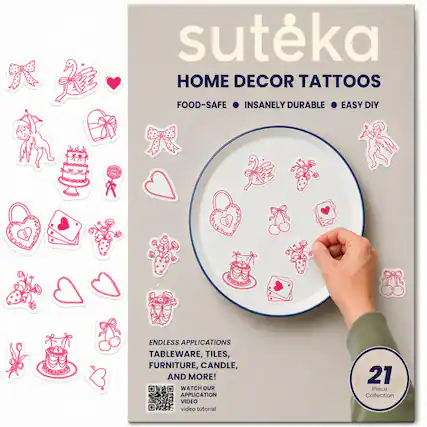 Sutéka Home Decor Tattoos
Food-Safe • Insanely Durable • Easy DIY
Endless Applications: Tableware, Tiles, Furniture, Candle, and More!
Watch Our Application Video
21 Piece Collection
