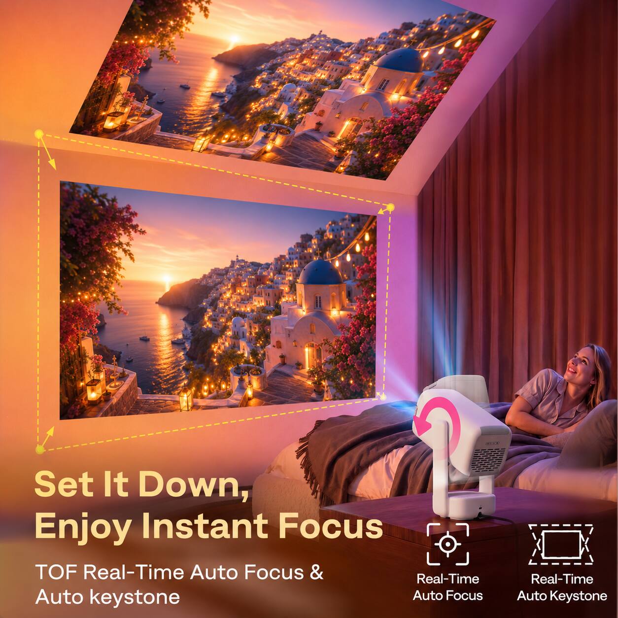 Set It Down, Enjoy Instant Focus  
TOF Real-Time Auto Focus & Auto Keystone