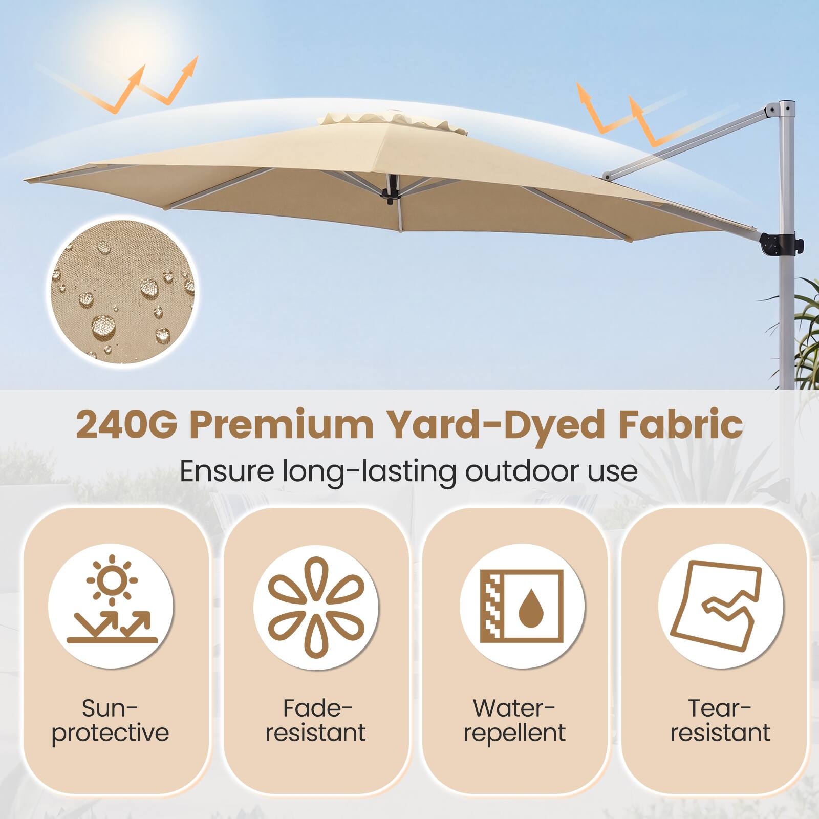 240G Premium Yard-Dyed Fabric  
Ensure long-lasting outdoor use  
Sun-protective  
Fade-resistant  
Water-repellent  
Tear-resistant