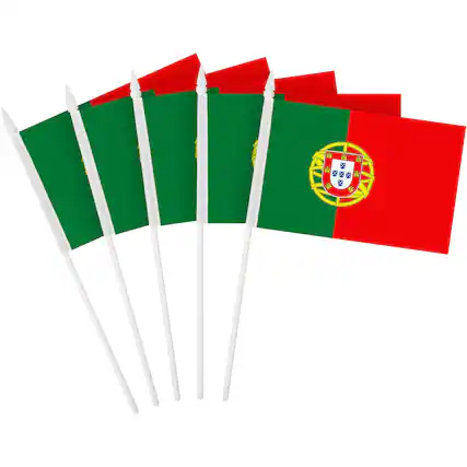Front. G128 - 50-Pack Handheld Portugal Flags, 4x6 in, 150D Polyester, Plastic Stick with Spear Tip - Assorted Colors.