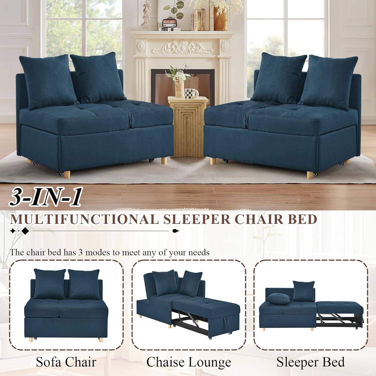 3-IN-1 MULTIFUNCTIONAL SLEEPER CHAIR BED

The chair bed has 3 modes to meet any of your needs

- Sofa Chair
- Chaise Lounge
- Sleeper Bed