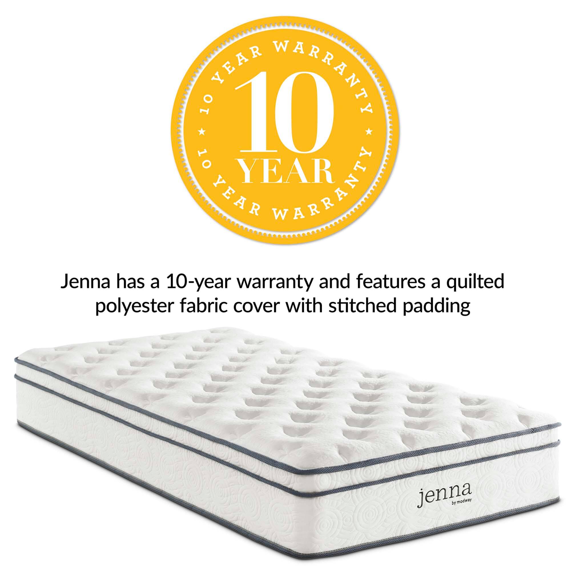 Jenna has a 10-year warranty and features a quilted polyester fabric cover with stitched padding.