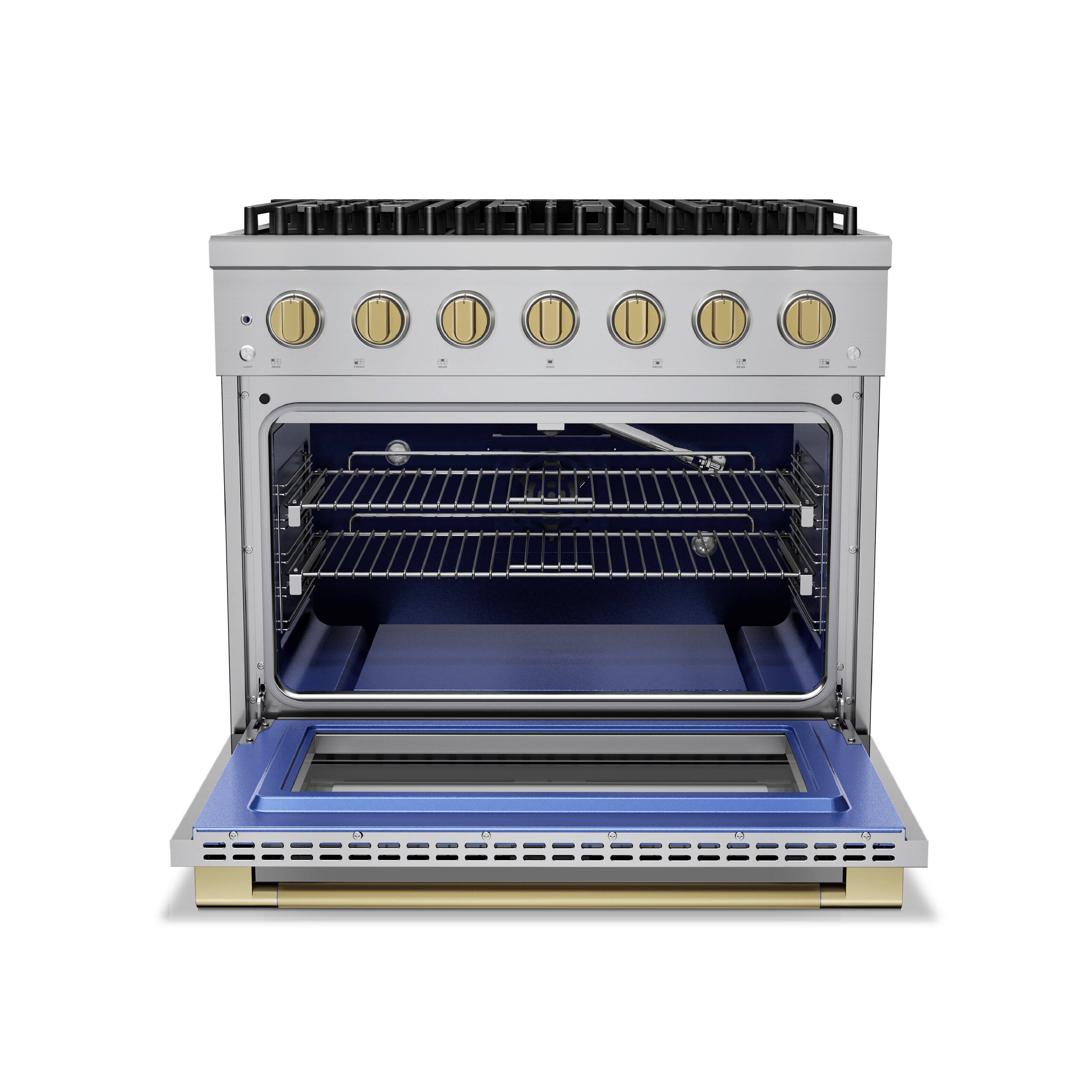 Angle. Hauslane - HausPro 36 in. 6 Burners Gas Range in Satin Brass with 20,000 BTU and Convection Oven with 5 Rack Positions - Satin Brass.