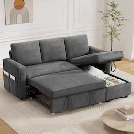 Vipbear - 81" Sleeper Sofa Bed, Pull Out Couch with Reversible Storage Chaise, Dark Grey - Gray