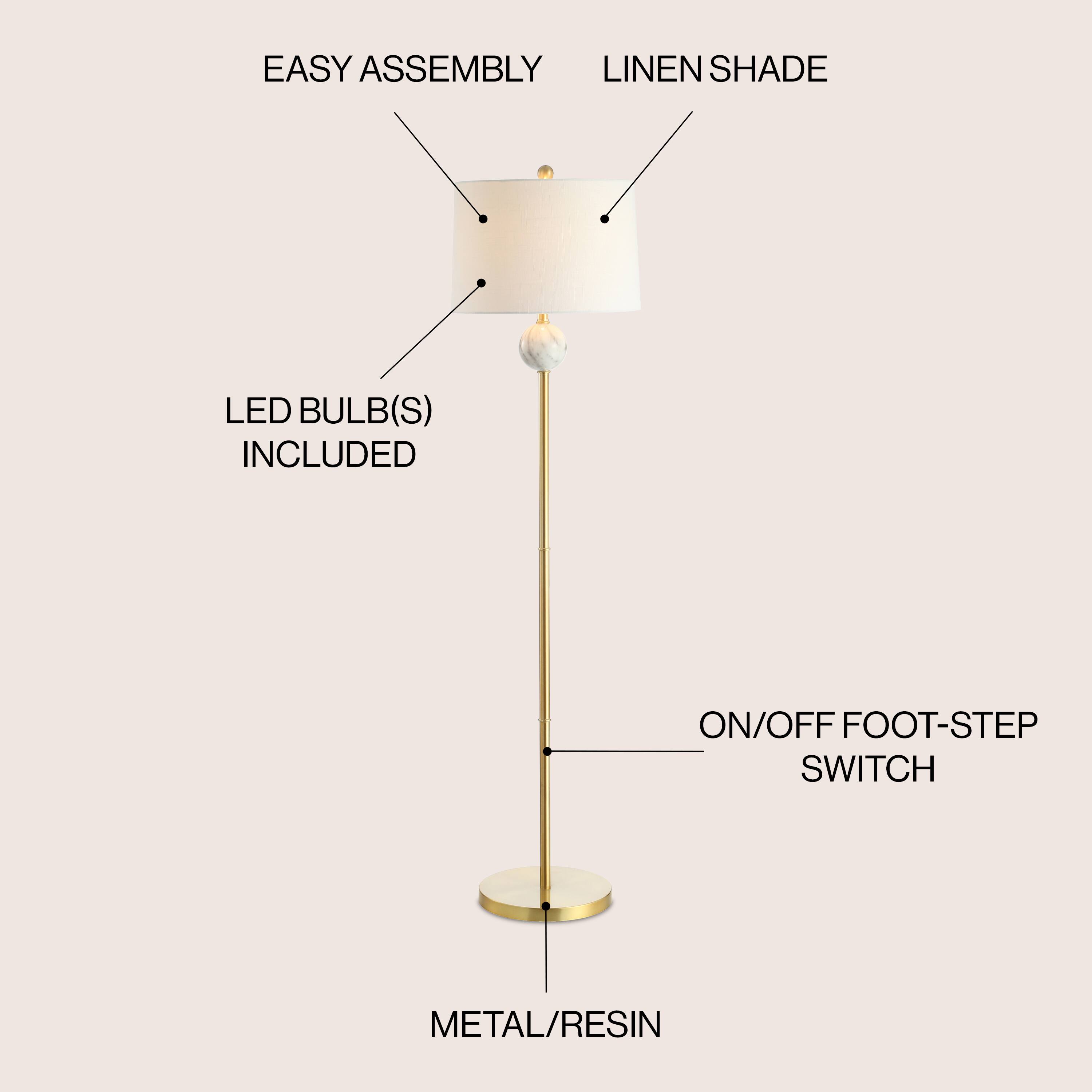 EASY ASSEMBLY LINEN SHADE LED BULB(S) INCLUDED ON/OFF FOOT-STEP SWITCH METAL/RESIN