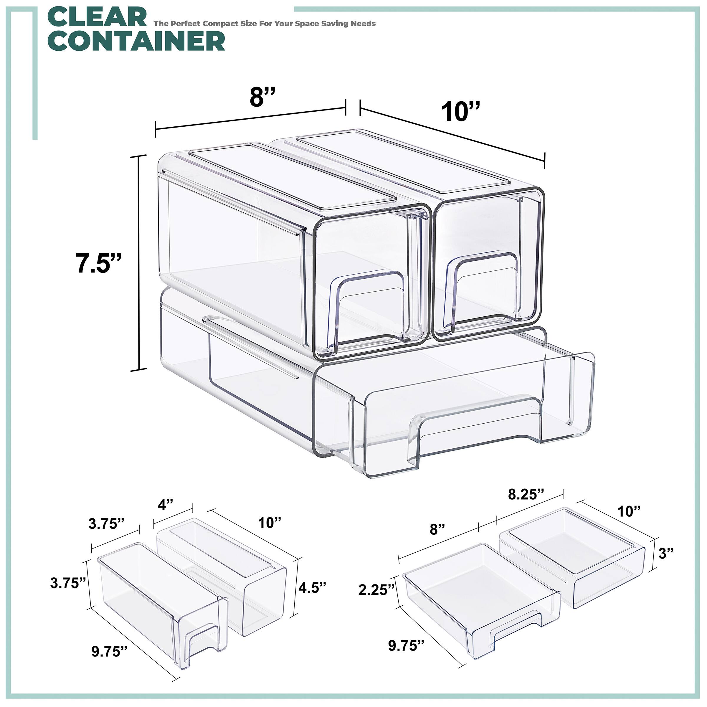 CLEAR CONTAINER  
The Perfect Compact Size For Your Space Saving Needs  

8" x 10" x 7.5"  
8" x 10" x 8.25"  
3.75" x 10" x 4"  
3.75" x 9.75" x 4.5"  
2.25" x 9.75" x 8"  
3" x 10" x 8.25"