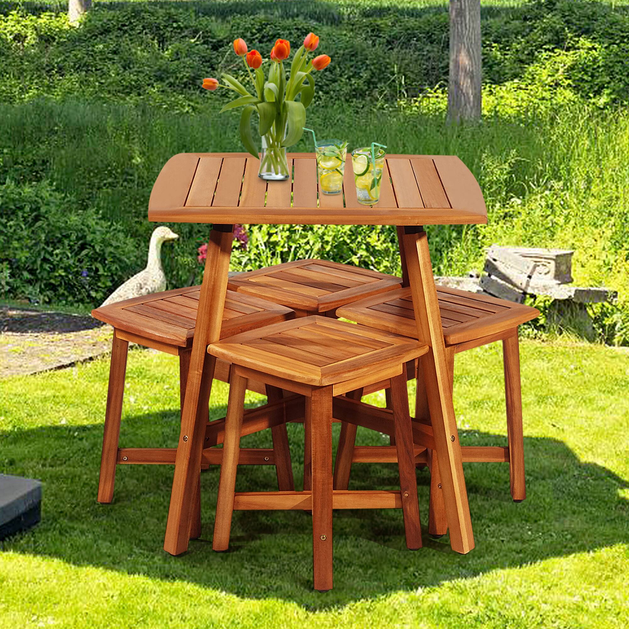 Alt View 3. Gymax - Gymax 5PCS Wooden Patio Dining Furniture Set Yard Outdoor w/ 4 Square Stools - Reddish Brown.