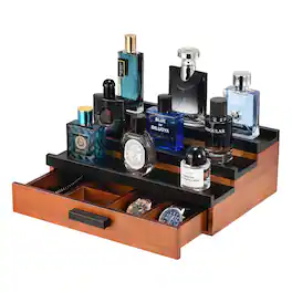 Unique Bargains - 3 Tier Wood Perfume Organizer for Men, Display Stand with Velvet Lining Drawer and Hidden Compartment for Watch, Jewelry - Black Walnut