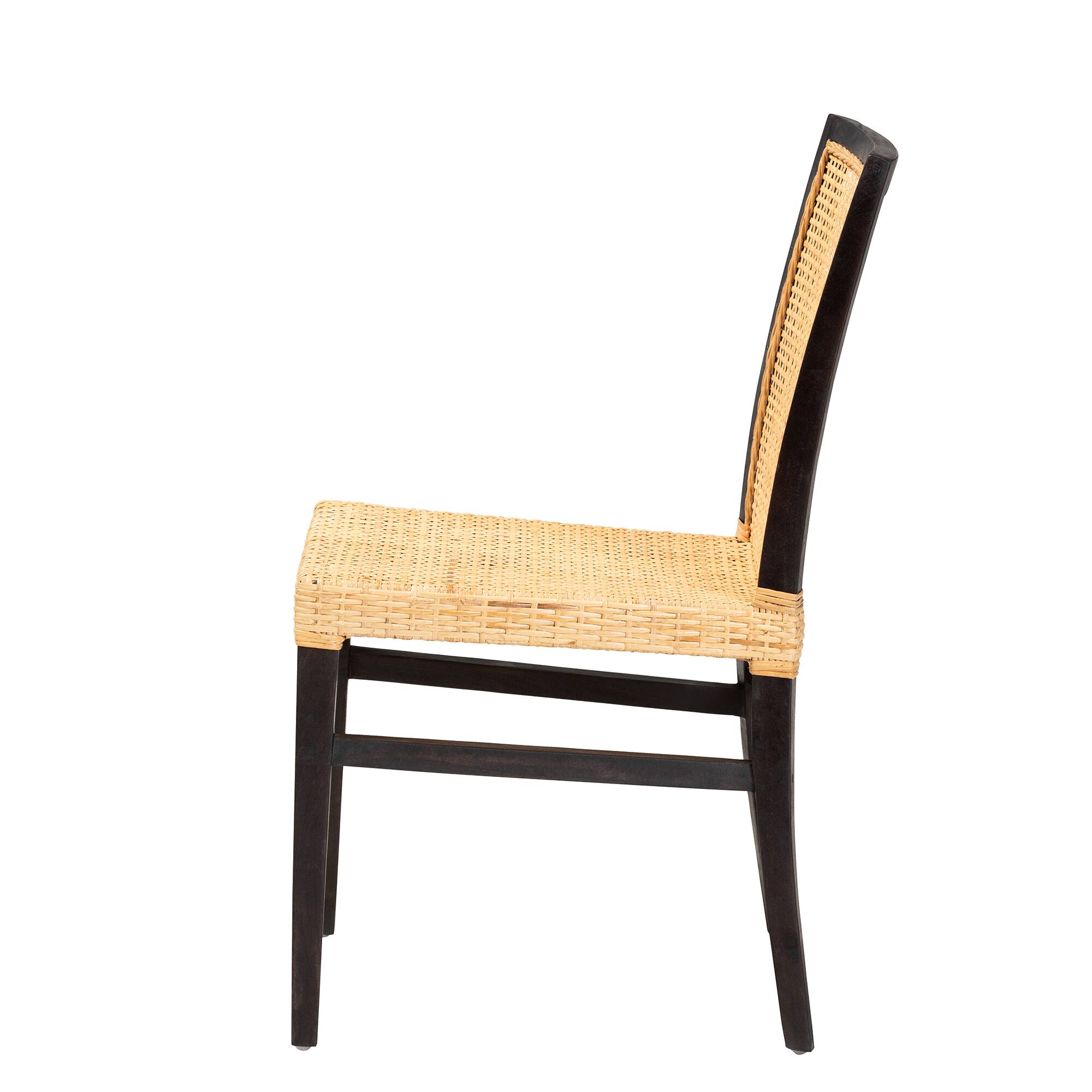 Left. bali & pari - Lingga Modern Bohemian Mahogany Wood and Natural Rattan Dining Chair - Dark Brown/Natural Brown.