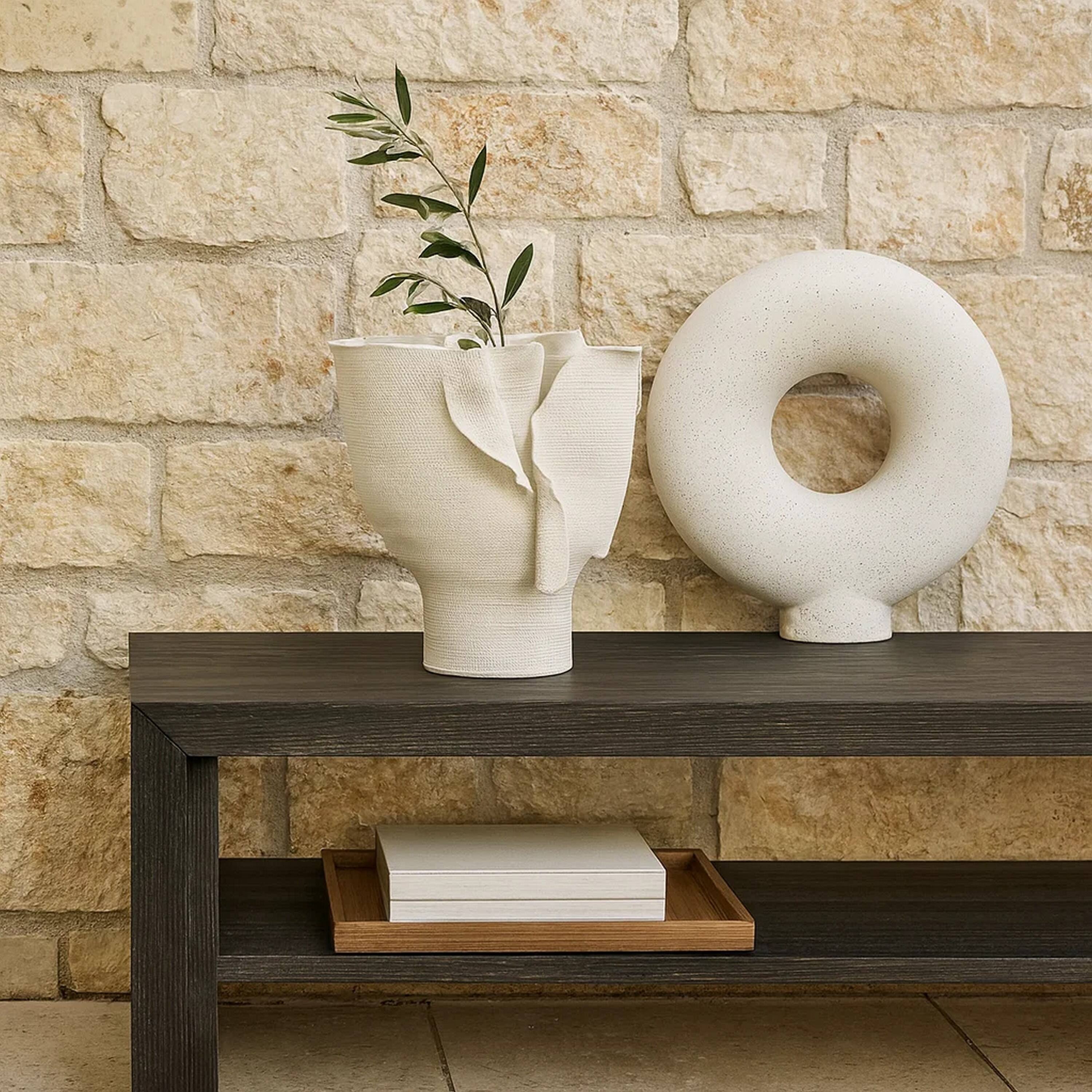 Alt View 2. Manhattan Lane - Tio Modern Vessel Vase, Flowing Petal Folds,  Porcelain 13 Inch - White.